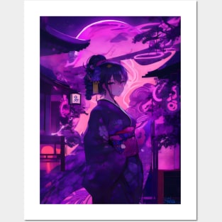 Purple neon Japanese girl Posters and Art